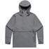 A grey windbreaker jacket with a hood and long sleeves, featuring a kangaroo pocket and a branding logo.