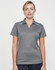 A grey ladies' polo shirt with light blue contrast detailing, featuring a collar and three-button placket, with a logo.