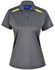 A grey ladies' polo shirt with contrasting yellow accents and a polo collar. It features a logo on the label.