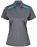 A women's short-sleeved polo shirt in grey with teal contrast detailing and a buttoned collar. Features a logo.