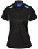 A black women's polo shirt featuring teal contrast accents and a logo on the collar.