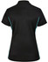 A black ladies' polo shirt featuring contrast turquoise detailing and a logo.