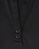 A close-up of a black polo shirt featuring a collar and two buttons at the neckline. The shirt has a logo.