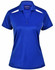 A blue ladies' polo shirt with contrast white detailing and a collar, featuring a logo on the upper section.