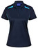 A navy polo shirt with contrasting aqua detailing and a logo. Features a collar and short sleeves.