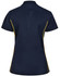 A navy blue ladies' polo shirt with yellow contrast side panels and a logo on the back.