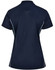 A navy ladies' polo shirt with light blue contrast detailing and a logo on the back.