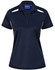 A navy blue ladies' polo shirt featuring contrast panels and a branded label at the collar.