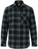 A unisex flannel plaid shirt in black and green with a button-up front and a chest pocket. Features a logo.