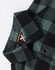 A green and black plaid unisex flannel shirt featuring a button-up design and a collar. It has a logo label inside the collar.