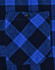 A close-up of a unisex button-up flannel shirt featuring a blue and black plaid pattern with a chest pocket.