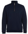 A navy blue half-zip sweatshirt with a high collar and a gold zipper, featuring a logo.