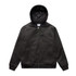A black bomber hood jacket with a quilted hood and zip closure, featuring side pockets and a branded label.