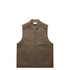 A brown canvas vest with a zip front and two front pockets, featuring a logo on the upper back.
