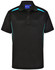 A black polo shirt featuring teal contrast panels and a collar. The shirt has a logo on the chest.