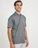 A Men's sustainable poly/cotton contrast short-sleeve polo shirt in grey with teal accents and a logo.