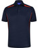 A navy polo shirt with contrasting red side panels and a collar. It features buttons and a logo.