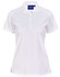A white ladies' polo shirt made from sustainable poly/cotton, featuring a collar, buttons, and a logo.