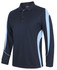 A long-sleeve polo shirt in navy with light blue accents and a logo on the chest.