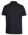 A black polo shirt with a collar and short sleeves, featuring a logo on the back.