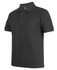A black cotton polo shirt with a collar, short sleeves, and a button placket, featuring a logo.
