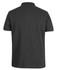 A black polo shirt with a classic collar and short sleeves, featuring a logo on the upper back.