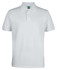 A white polo shirt with a collar and short sleeves, featuring a logo on the label.