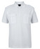 A white polo shirt with epaulettes and two front pockets, featuring a subtle logo on the collar.
