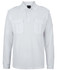 A white long-sleeve polo shirt with epaulettes and two chest pockets. It features a logo on the collar.