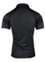 A black polo shirt with a standard collar and short sleeves, featuring a logo on the back.