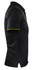 A black polo shirt with yellow tipping, featuring a side view and a collar. The shirt has a logo on it.