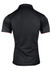 A black polo shirt with short sleeves, featuring red detailing. The shirt has a logo on it.