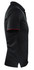 A black polo shirt with a red trim and a logo on the front, featuring short sleeves and a collared neckline.