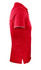 A red polo shirt with a side view, featuring short sleeves and a collar, and a subtle logo on it.