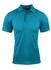 A turquoise men's polo shirt with a collared neck and short sleeves, featuring a logo.