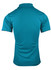 A men's polo shirt in teal, featuring a back view and a collar, with a logo on the side.