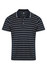 A navy blue and white striped polo shirt with a collar and two-button placket. It features branding on the fabric.