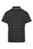 A black and white striped polo shirt with a classic collar and short sleeves, featuring a logo.