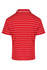 A red polo shirt with white horizontal stripes and a collar, featuring a logo on the back.