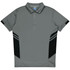 A grey polo shirt with black detailing and a logo on the chest, featuring a classic collar and three buttons.