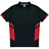 A black and red polo shirt with a collar and three-button placket, featuring a logo on the chest.