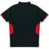 A dark green polo shirt with red accents on the sides and a collar, featuring a logo.