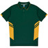 A green and gold polo shirt featuring a collar and contrasting side stripes, with a logo on the chest.