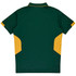 A green and gold polo shirt featuring a contrasting design and a logo on the front.