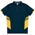 Navy blue polo shirt featuring yellow accents and stripes, with a collar and button placket. Includes a logo.