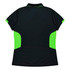 A black polo shirt with green accents and a logo on the back, designed for women.