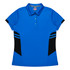 A blue polo shirt with black side panels and a collar, featuring a branded logo on the upper left.