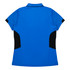 A blue polo shirt with black side panels and a collar, featuring a logo on the back.