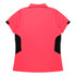 A polo shirt in bright pink with black side panels and a collar. It features a logo on the front.