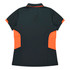 A polo shirt featuring a dark colour with orange accents and a logo, designed for women.